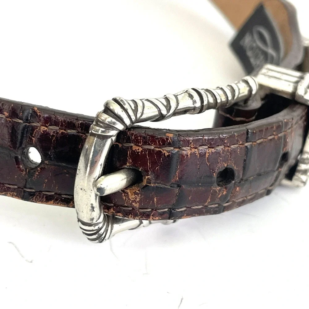 Brighton Womens Brown Croc Embossed Leather Canvas Belt Silver Buckle Size 32